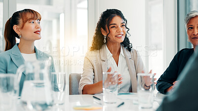 Buy stock photo Meeting, planning and teamwork with business people in office for review, quarterly profit margin and sales update. Portfolio shareholder, investor feedback and account advisor with employees