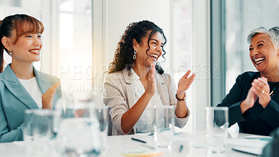 Buy stock photo Business women, applause and success at meeting, happy and team goals with profit at finance agency. Group, people and excited with cheers, celebration and achievement with revenue growth at company