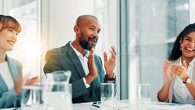 Buy stock photo Business man, applause and team at office with meeting, profit and happy for goals at finance agency. Group, women and excited with cheers, celebration and achievement with revenue growth at company