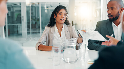 Buy stock photo Business, meeting and people with file in office for data analysis, budget forecasting or company performance. Financial analyst, collaboration and revenue report for finance projections and planning