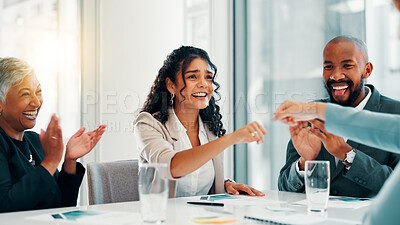 Buy stock photo Business woman, fist bump and applause at meeting, celebration or agreement at finance agency. Team, people and smile with goals for promotion, success or achievement with revenue growth at company