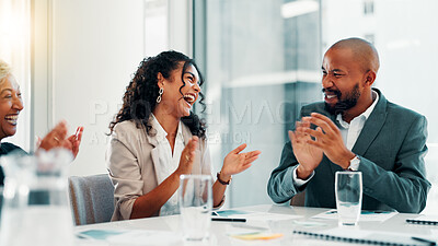 Buy stock photo Business people, applause and success at office with meeting, profit and goals at finance agency. Man, women and excited with cheers, celebration and achievement with revenue growth at company
