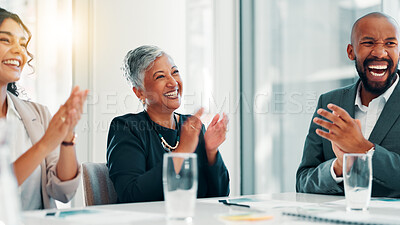 Buy stock photo Business people, applause and success with team at meeting, revenue or goal at finance agency. Man, women and excited with cheers, celebration or smile for achievement with profit growth at company