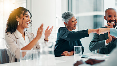 Buy stock photo Woman, fist bump and applause at meeting, celebration or agreement at finance agency. Business people, team and smile with goals for promotion, success and achievement with revenue growth at company