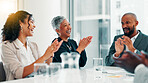 Business people, applause and group at meeting with celebration, profit or goals at finance agency. Man, women and excited with cheers, success and smile for achievement with revenue growth at office