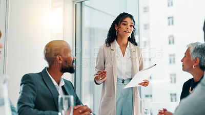 Buy stock photo Office, businesswoman and financial advisor with document for meeting, investment pitch and discussion. Boardroom, employees and finance consultant with report for budget, review and presentation