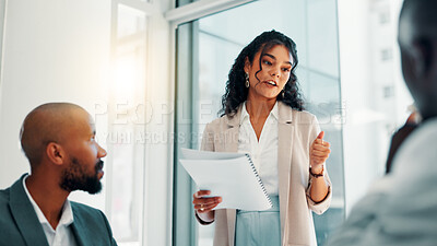 Buy stock photo Office, businesswoman and financial advisor with paperwork for meeting, investment pitch and discussion. Boardroom, employees and finance consultant with report for budget, review and presentation
