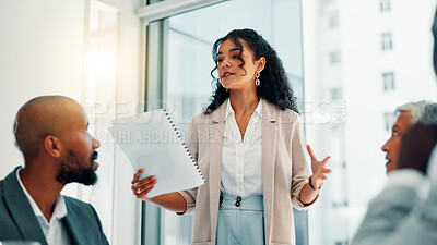 Buy stock photo Meeting, businesswoman and financial advisor with paperwork in office, investment pitch and discussion. Boardroom, employees and finance consultant with document for budget, review and presentation
