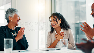 Buy stock photo Business people, winner and team celebration in promotion, announcement or negotiation success at office. Employees, clapping hands or group applause for partnership, prize or workplace contract goal