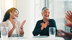 Business people, winner and achievement in celebration, promotion or negotiation success at office. Employees, team announcement or group applause for partnership, prize or workplace contract goal