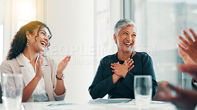Buy stock photo Business people, winner and achievement in celebration, promotion or negotiation success at office. Employees, team announcement or group applause for partnership, prize or workplace contract goal