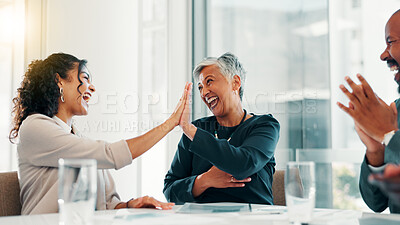 Buy stock photo Business people, high five and achievement in celebration, promotion or negotiation success at office. Employees, team announcement or group applause for partnership, prize or contract goal meeting