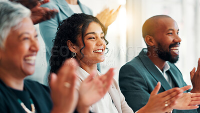 Buy stock photo Business people, seminar and applause in celebration, meeting or negotiation success at office. Employees, team announcement or group clapping hands for partnership, prize or workshop contract goal