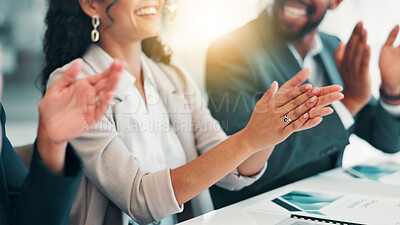 Buy stock photo Business people, hands and applause in celebration, achievement or negotiation success at office. Employees, team announcement or group clapping for partnership, proposal or contract goal winner