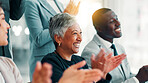 Business people, meeting and clapping hands in celebration, achievement or negotiation success at office. Employees, team announcement or group applause for partnership, proposal or contract goal
