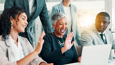 Buy stock photo Meeting, group and video call with laptop, boardroom and happy for discussion, greeting and colleagues. Collaboration, teamwork and people with tech for communication, smile and virtual conference