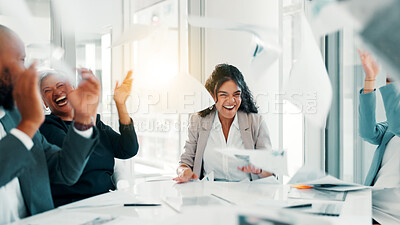 Buy stock photo Business people, paperwork and excited with celebration for achievement, done or finished at office. Employees, group applause and throwing documents in air for success, completion and contract goal