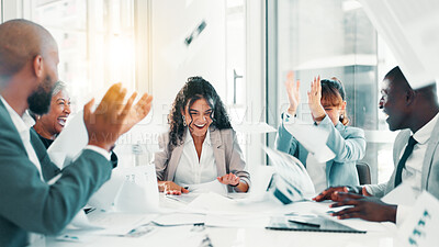 Buy stock photo Business people, document and congratulations with celebration for office achievement, done or finished. Employees, group applause and throwing paperwork in air for excited, support and contract goal