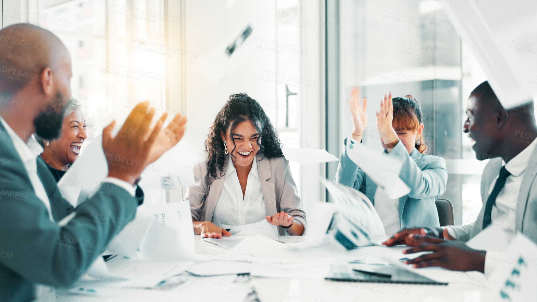Buy stock photo Business people, document and congratulations with celebration for office achievement, done or finished. Employees, group applause and throwing paperwork in air for excited, support and contract goal