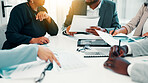 Business people, documents or hands with discussion in meeting for budget review, finance planning or forecasting. Financial analyst, teamwork or revenue report for data analysis or dividend briefing