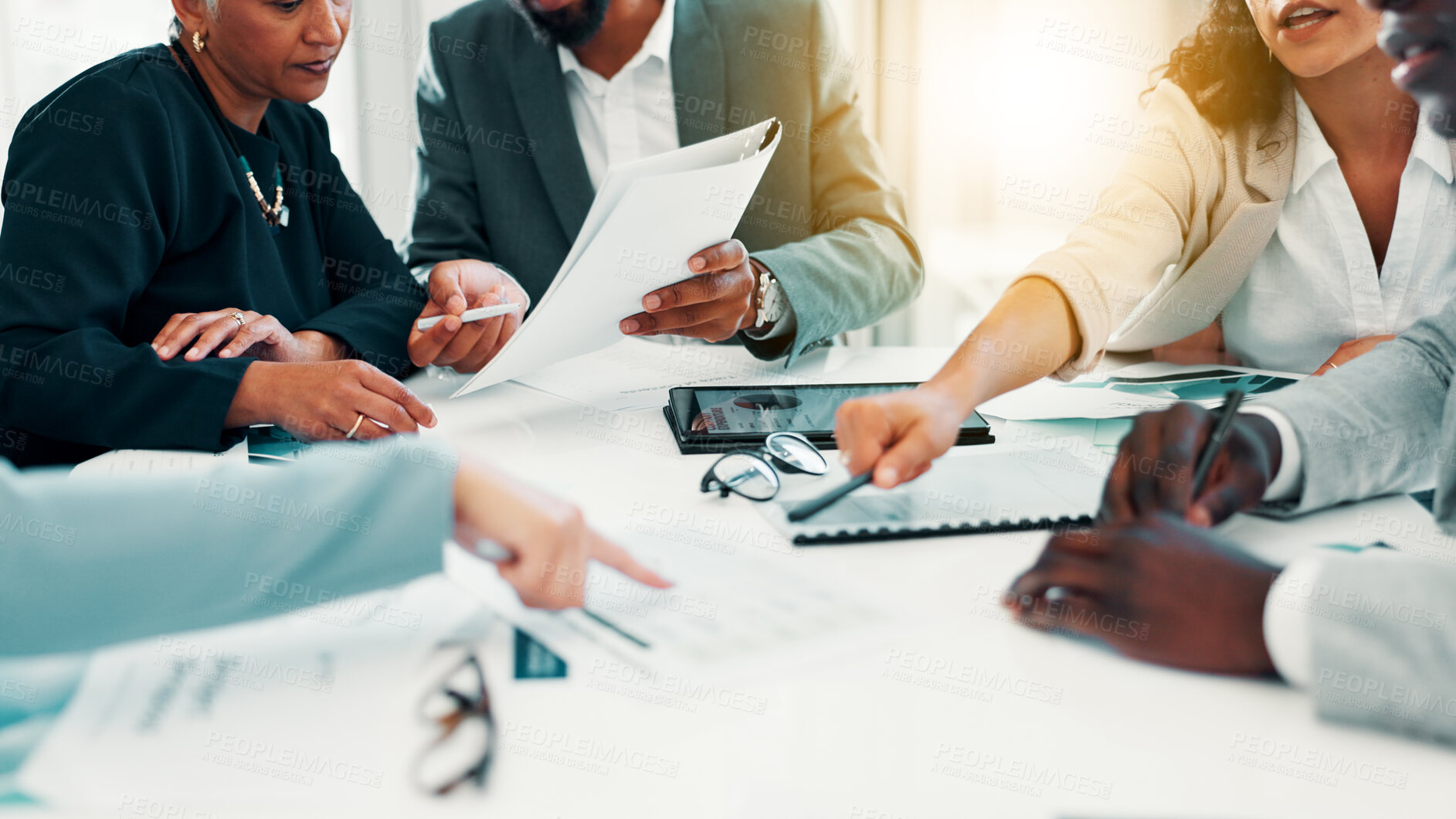 Buy stock photo Business people, paperwork and hands with discussion in meeting for finance forecasting, data analysis or planning. Financial analyst, teamwork or pointing to revenue statement for capital allocation