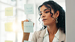 Business, woman and writing on glass in office for planning, ideas notes and schedule update. Female person, board and brainstorming with information, tasks reminder and agenda for project deadline