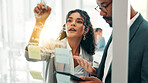 People, tablet and writing on glass in office for planning, ideas notes and schedule update. Woman, man and meeting with digital for brainstorming, information and tasks reminder for project deadline