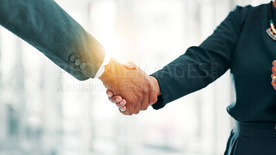 Buy stock photo Business people, handshake and meeting with greeting for partnership, b2b or deal together at office. Closeup, employees or colleagues shaking hands with lens flare for agreement, teamwork or job