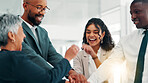 Business people, office and stack hands in team, celebration and happy with cheers, goals and diversity at agency. Group, men and women for success, synergy and collaboration at financial company