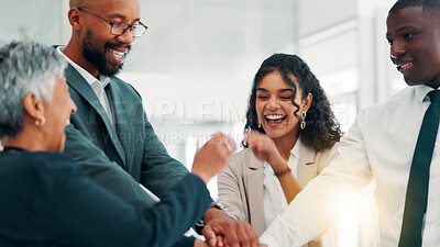 Buy stock photo Business people, office and stack hands in team, celebration and happy with cheers, goals and diversity at agency. Group, men and women for success, synergy and collaboration at financial company