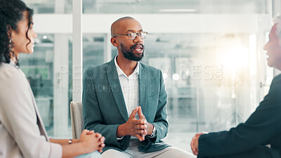 Buy stock photo Business people, meeting and HR for compliance, complaint or discipline in office. Man, women and discussion for bad behavior with workplace, bullying or reprimand for performance review or feedback