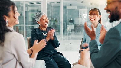 Buy stock photo Happy, business people and meeting with applause for winning, thank you or congratulations at office. Group, excited or employees clapping with smile for teamwork, success or good news at workplace