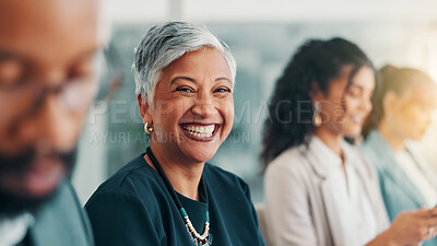Buy stock photo Office, meeting and portrait of business woman with smile for team, about us and company pride. Corporate, financial manager and mature person in boardroom for discussion, consulting and feedback