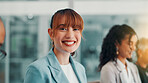 Portrait, smile and business woman in office meeting for workshop, finance and tax consultant coworking. Happy employee, worker and confident accountant, corporate auditor and professional intern