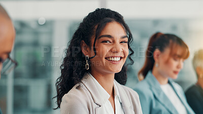 Buy stock photo Portrait, happy and business woman in office meeting for workshop with compliance officer coworking. Smile, employee and confident worker with corporate team at conference for policy development