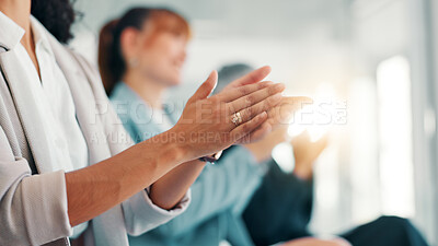 Buy stock photo Business people, meeting and seminar with applause for thank you, presentation or speech at office. Closeup, group or employees clapping with team in row for well done, congratulations or good job