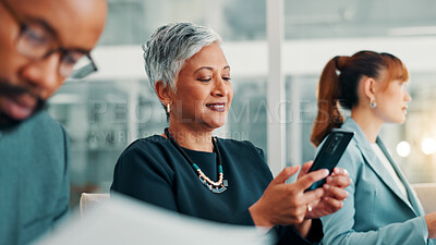 Buy stock photo Office, businesswoman and typing with phone for meeting, corporate training and accountant for chat. Staff, mature person and financial advisor with mobile for service application, message and smile