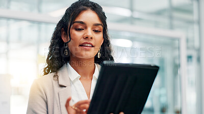 Buy stock photo App, research and tablet with business woman in office for information, project management or report. Corporate, planning and review with employee in professional workplace for company development