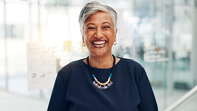 Buy stock photo Office, mature woman and accountant with laugh in portrait, confidence and about us for finance agency. Business, female person and financial advisor with happiness for investment, project and growth