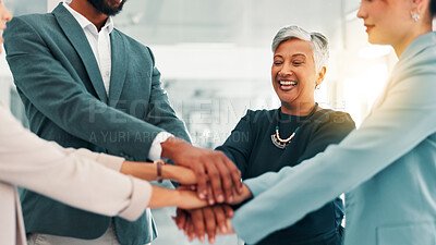 Buy stock photo Business people, meeting and hands together with team for mission, motivation or collaboration at office. Happy group, employees or colleagues piling with smile in unity for solidarity at workplace