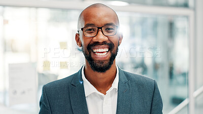 Buy stock photo Office, black man and accountant in portrait with smile, confidence and about us for finance agency. Business, male person and financial advisor with happiness for investment, project growth or laugh