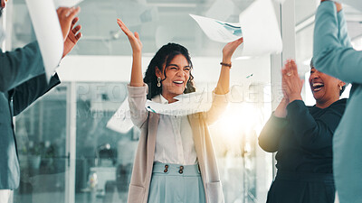 Buy stock photo Business people, paperwork and congratulations with celebration for office achievement, done or finished. Employees, group applause and throwing document in air for excited, support and contract goal