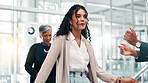 Dance, happy and business woman with team in office for good news, career promotion and bonus. Corporate, professional and people in lobby celebrate for success, company victory and achievement