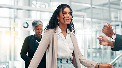Buy stock photo Dance, happy and business woman with team in office for good news, career promotion and bonus. Corporate, professional and people in lobby celebrate for success, company victory and achievement