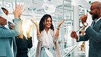 Business people, paperwork and achievement with celebration for office congratulations, done or finished. Employees, group applause and throwing document in air for excited, support and contract goal