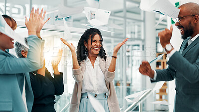 Buy stock photo Business people, paperwork and achievement with celebration for office congratulations, done or finished. Employees, group applause and throwing document in air for excited, support and contract goal