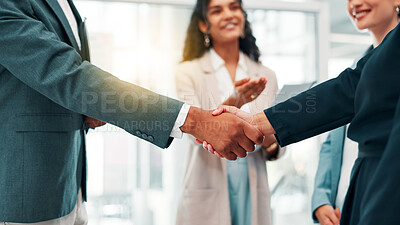 Buy stock photo Business people, handshake and meeting with partnership for b2b, deal or agreement at office. Group, employees or colleagues shaking hands with team for introduction, greeting or career opportunity