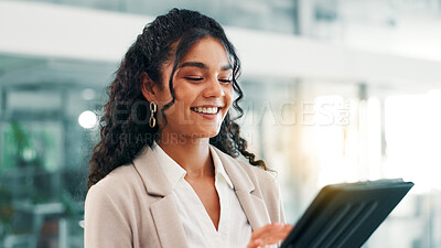 Buy stock photo Research, smile and tablet with business woman in office for information, project management, report. App, flare and review with happy employee in professional workplace for company development