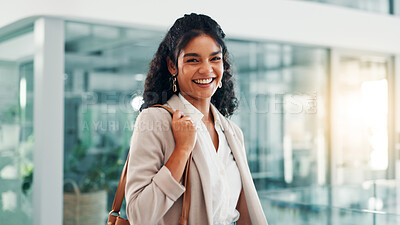 Buy stock photo Office, businesswoman and portrait with handbag for walking, meeting break and leaving workplace with smile. Morning, female person and happiness with confidence for corporate, career growth or laugh