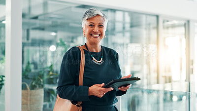 Buy stock photo Portrait, research and tablet with business woman in office for information, project management, report. App, internet and smile with mature employee in professional workplace for company development